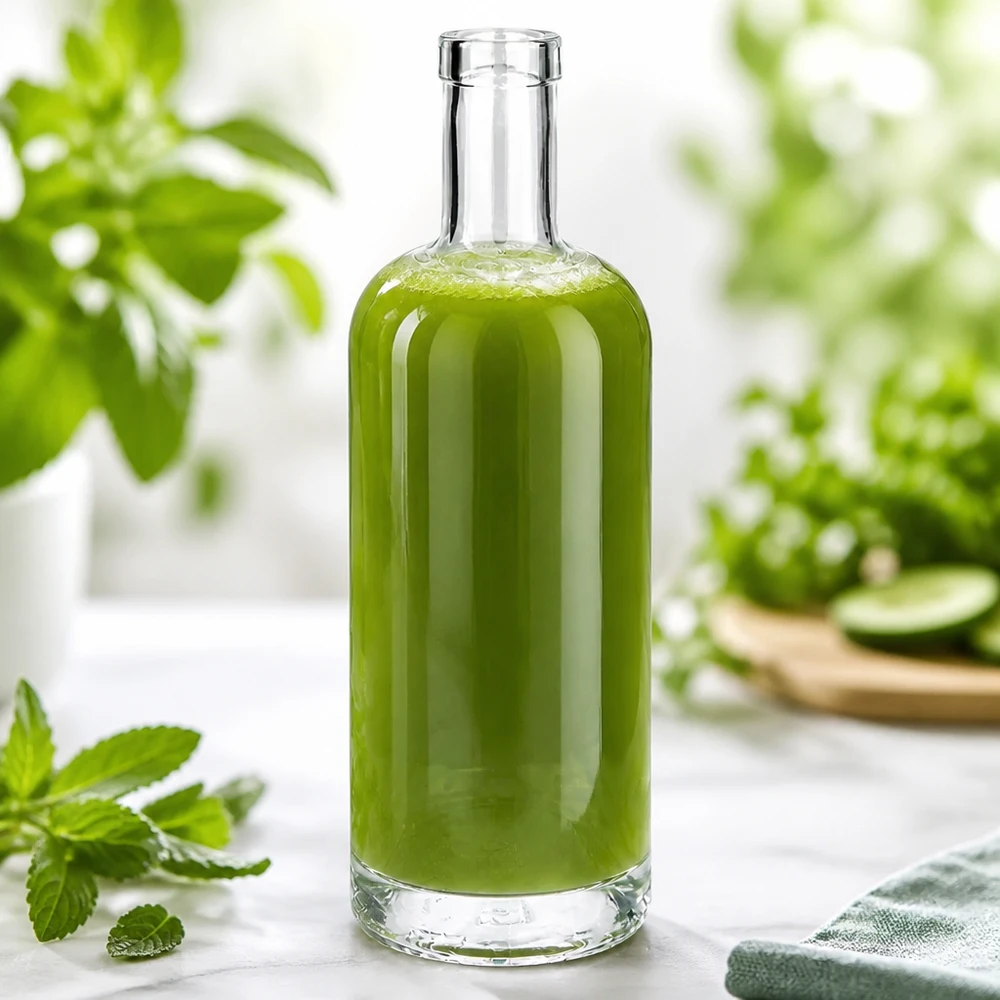 Bottiglia di vetro Emma da 750 ml riempita di contenuto verde in un ambiente naturale decorato con menta e piante
