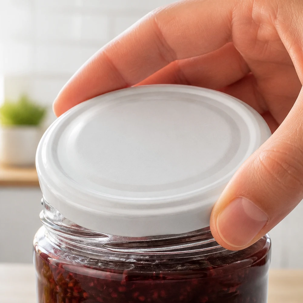 Twist-Off-Deckel TO66 weiss BioSeal auf Glas mit Beerenmarmelade aufschrauben