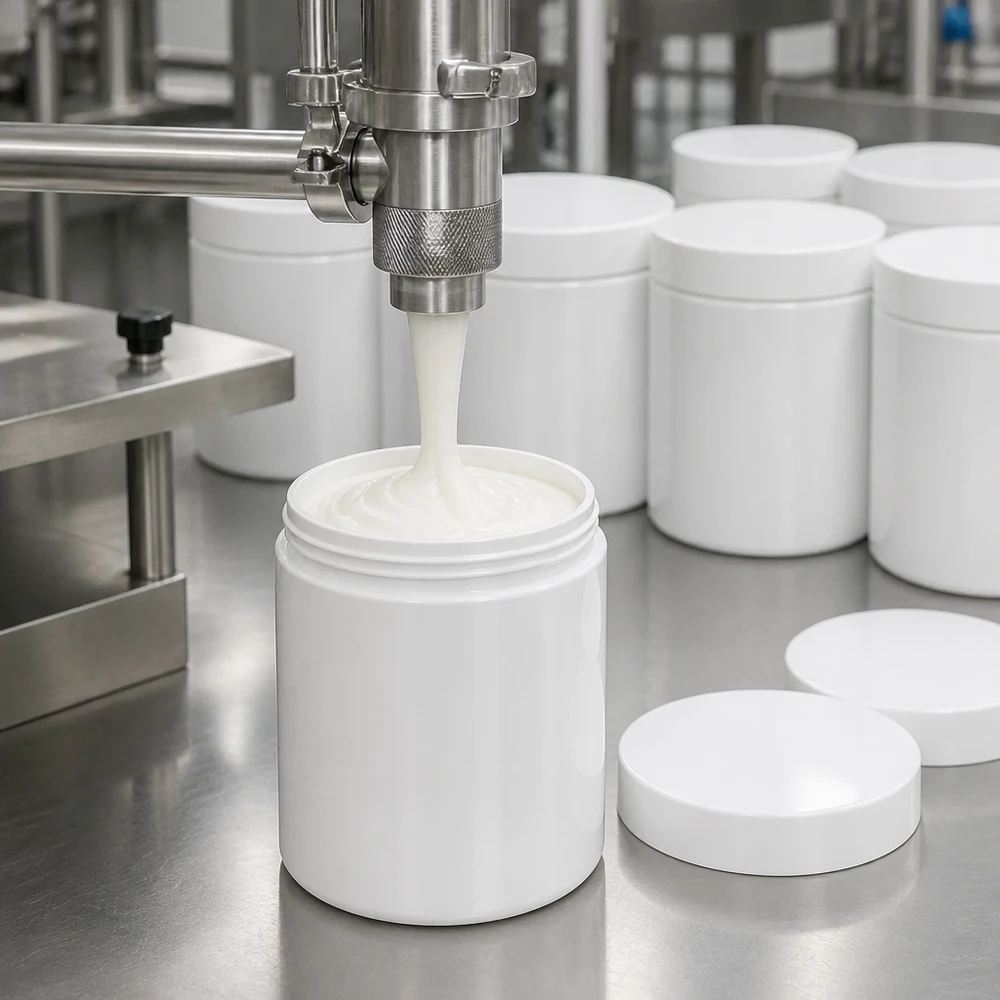 Production automatisée de pots à pommade blancs de 300 g en polypropylène avec bouchon à vis