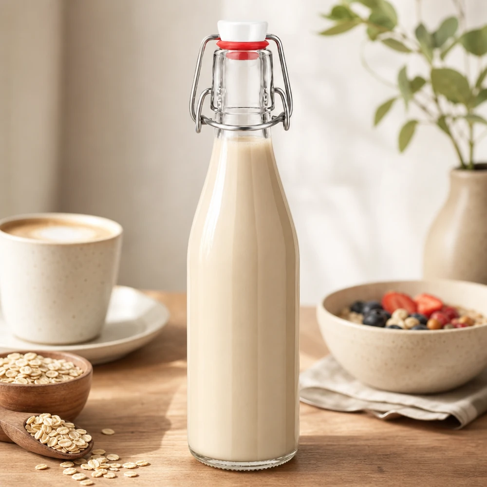 Bottiglia di vetro da 250 ml + tappo girevole in PVC UNiTWIST 250ml Glasflasche mit Bügelverschluss gefüllt mit cremiger Hafermilch, perfekt für gesunde Ernährung und Frühstück