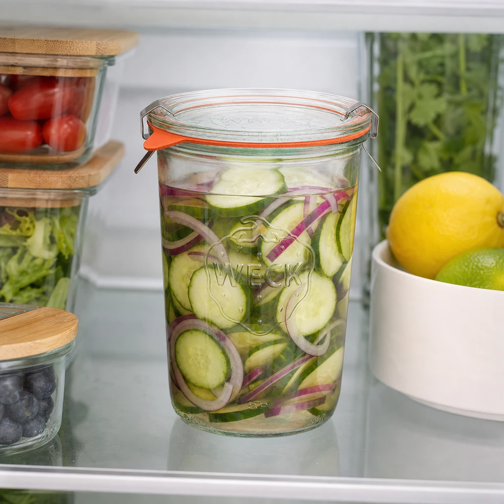 850ml Sturzglas komplett WECK RR100 WECK RR100 Sturzglas 850ml im Kühlschrank mit eingelegten Gurken und Zwiebeln für optimale Lebensmittel-Frischhaltung