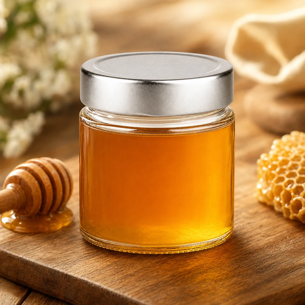 Vasetto rotondo da 135 ml con coperchio argentato riempito di miele su una tavola di legno, accanto a un cucchiaio e a un'applicazione a nido d'ape.