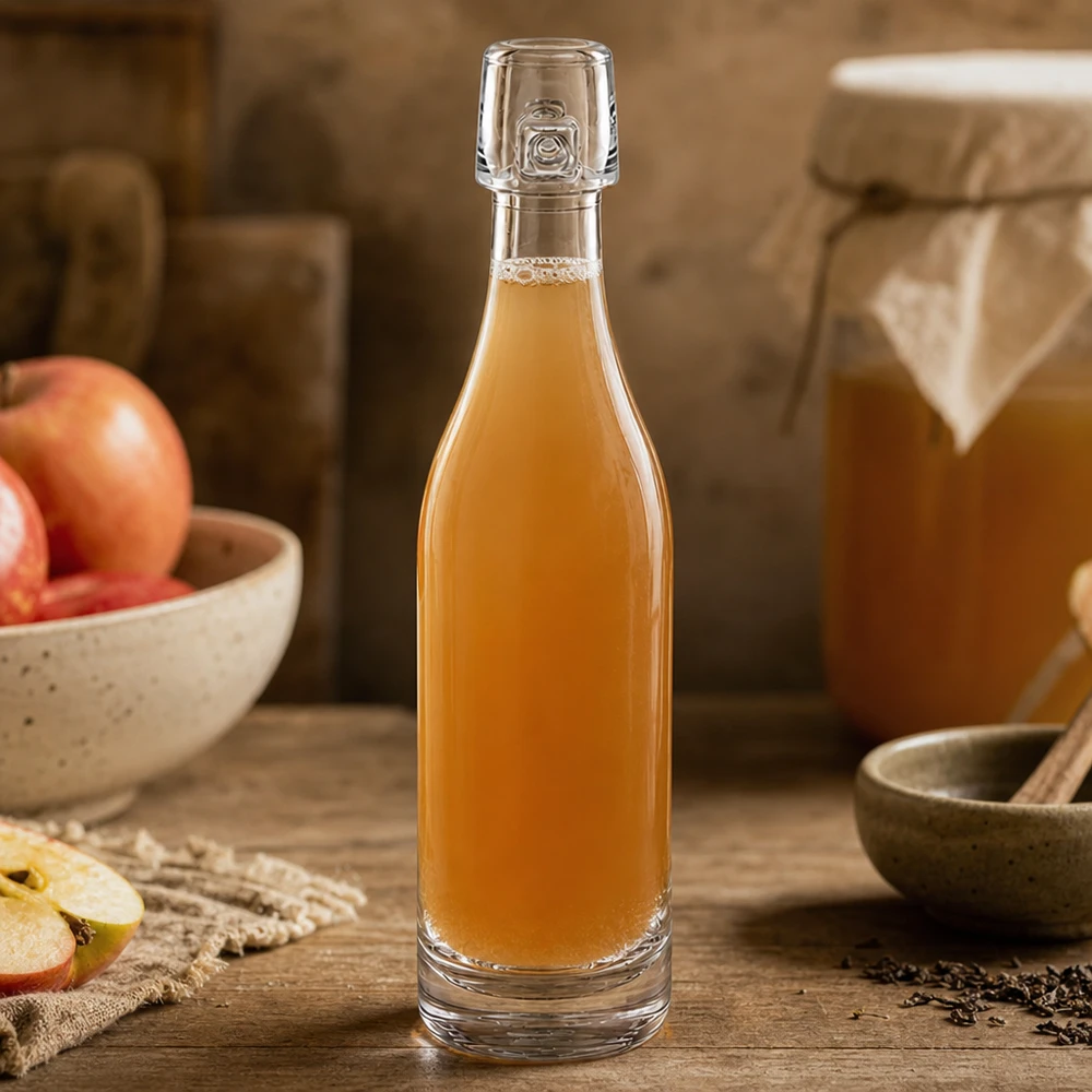 Bottiglia di vetro da 50 ml UNiTWIST riempita con liquore di mela tra fette di mela e spezie su legno naturale