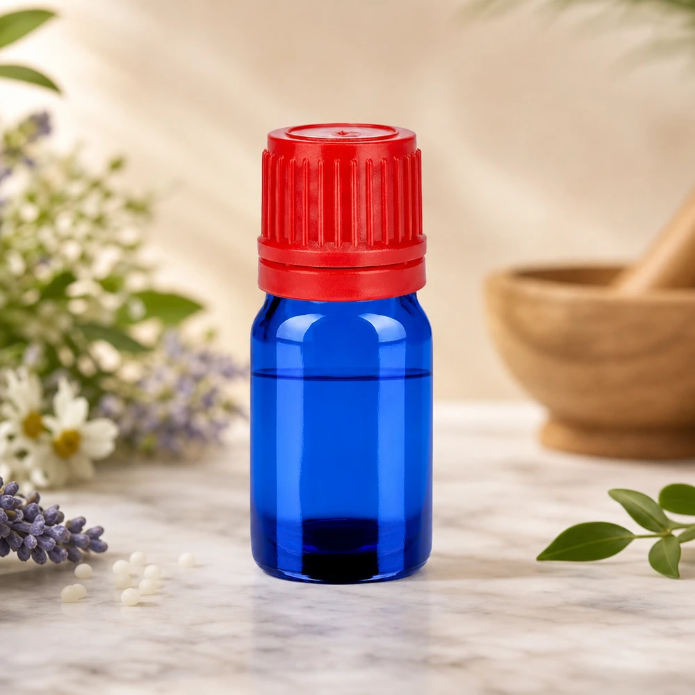 Pratico flacone per campioni da 5 ml in blu con tappo rosso a prova di perdite BlueLine UT18/5