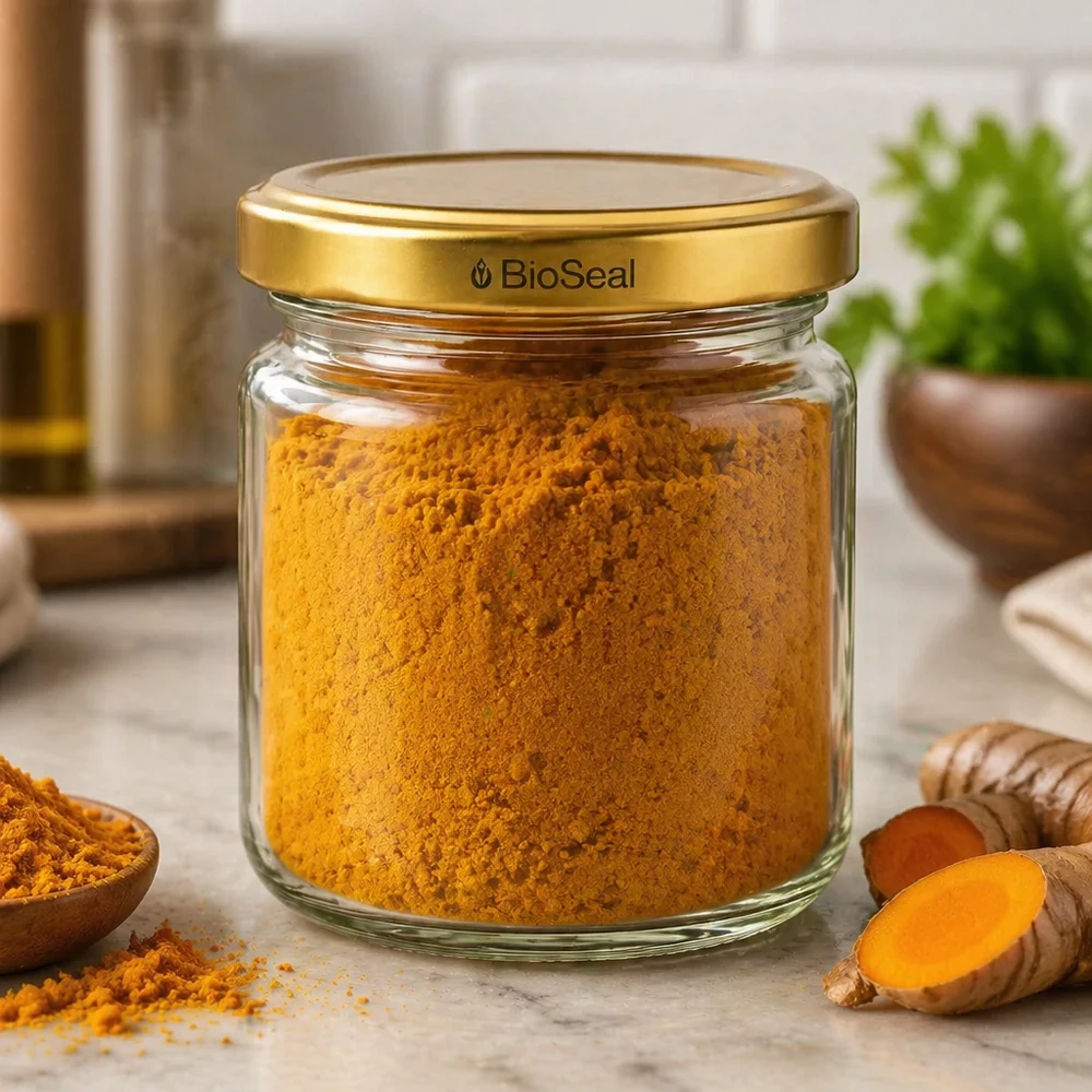 Barattolo UNiTWIST Runda53 pieno di curcuma in polvere e coperchio dorato TO43 BioSeal in cucina con curcuma fresca