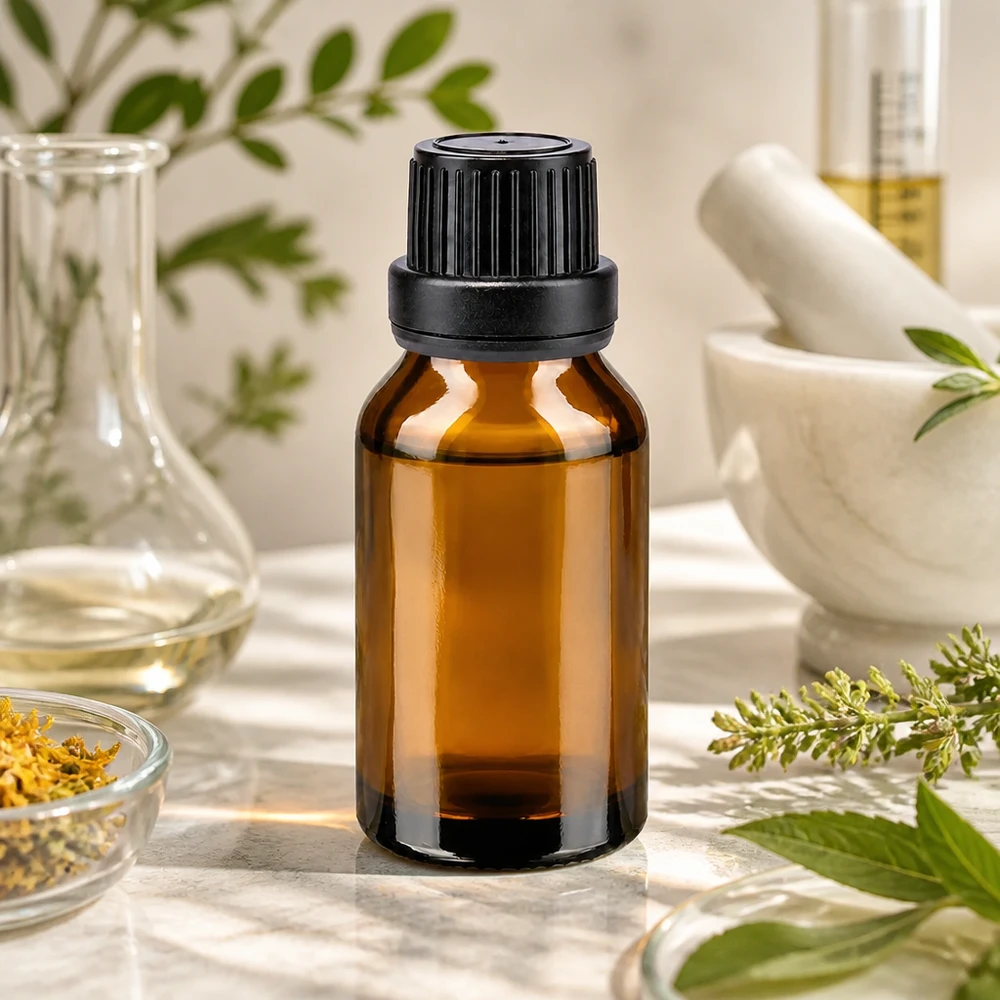 Flacon de pharmacie brun 15ml bouchon vissable noir bouchon inviolabilité Flacon de pharmacie marron de 15 ml avec bouchon à vis noir, posé parmi des herbes fraîches et un mortier