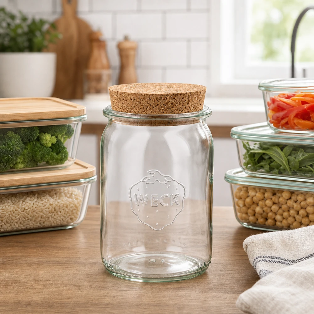 Barattolo cilindrico WECK 145ml RR40 con coperchio in sughero in una cucina moderna circondata da contenitori in vetro con verdure e legumi