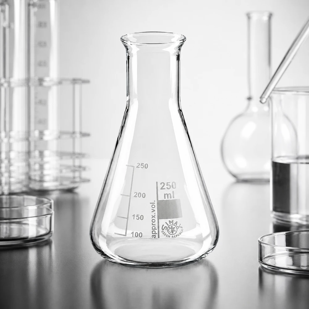 Beuta graduata da 250 ml con collo stretto, perfetta per titolazioni e analisi.