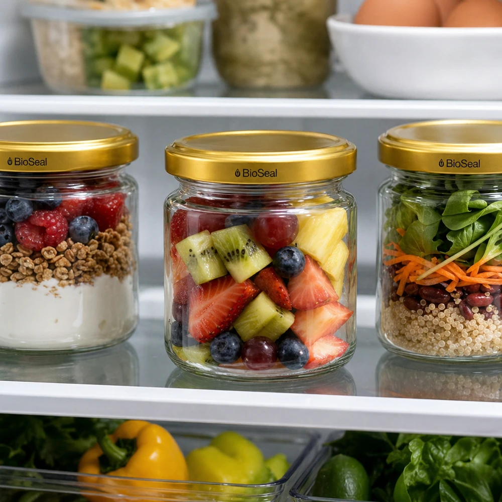 Barattoli UNiTWIST Runda53 con coperchio dorato TO43 BioSeal in frigorifero per preparare i pasti con frutta e insalata.