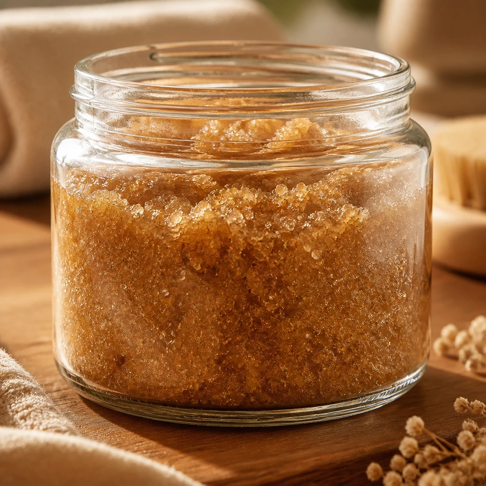Vasetto per unguenti (vasetto di vetro) 250 ml trasparente, senza coperchio Vasetto per unguenti 250ml trasparente riempito di scrub esfoliante marrone dorato su base di legno applicazione di cosmetici naturali
