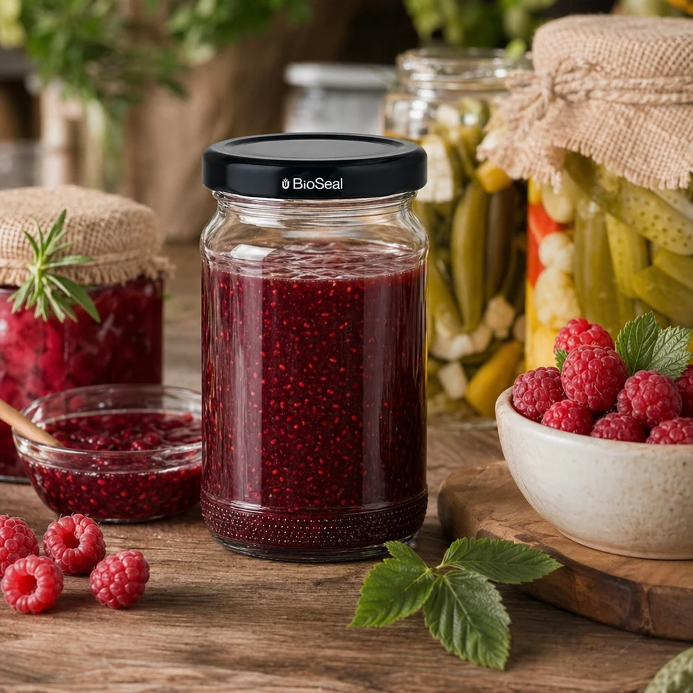UNiTWIST Runda110 mit Himbeergelee und schwarzem TO48 BioSeal Deckel auf rustikalem Holztisch mit frischen Himbeeren