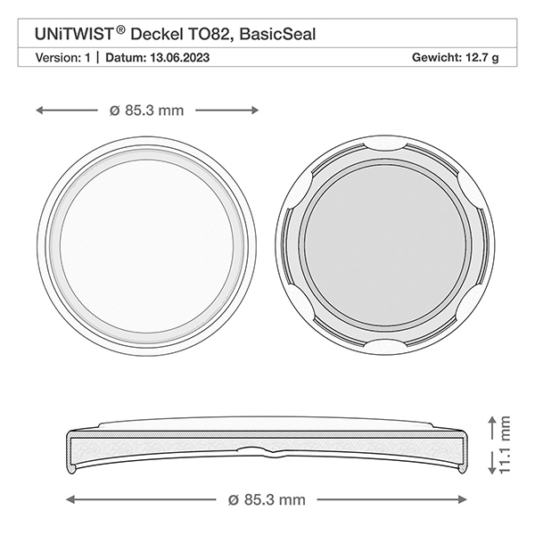 Barattolo di vetro da 230 ml + coperchio BasicSeal a nido d'ape UN. Disegno tecnico del coperchio BioSeal bianco T082 con dimensioni di 85,3 mm di diametro e 11,1 mm di altezza