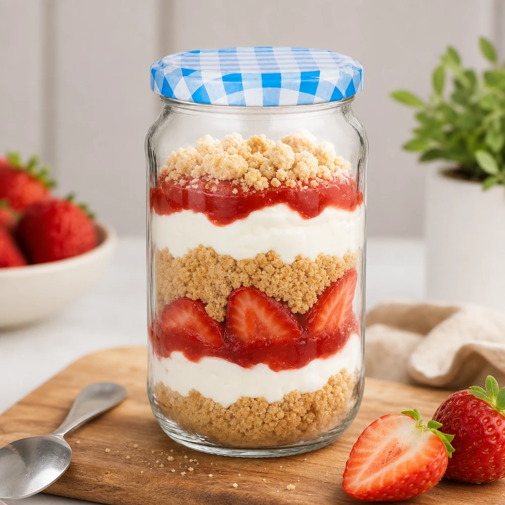 Vasetto da dessert rotondo da 1062 ml con dessert a strati alla fragola e alla panna, coperchio BasicSeal a scacchi bianchi e blu