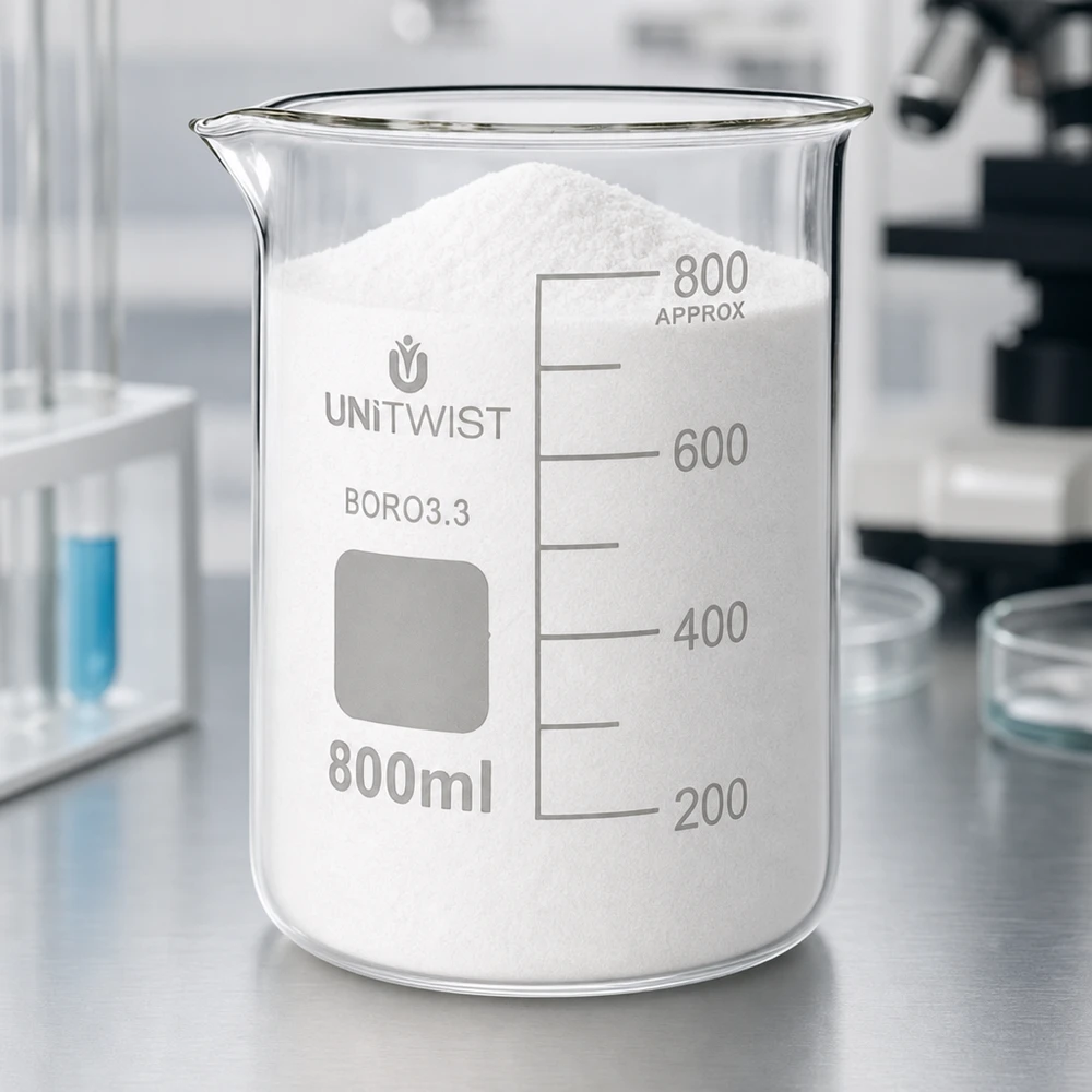 Becherglas 800ml Borosilikat, niedrige Form UNiTWIST Transparentes Becherglas 800ml niedrige Form UNiTWIST BORO 3.3 mit pulverförmigem Inhalt