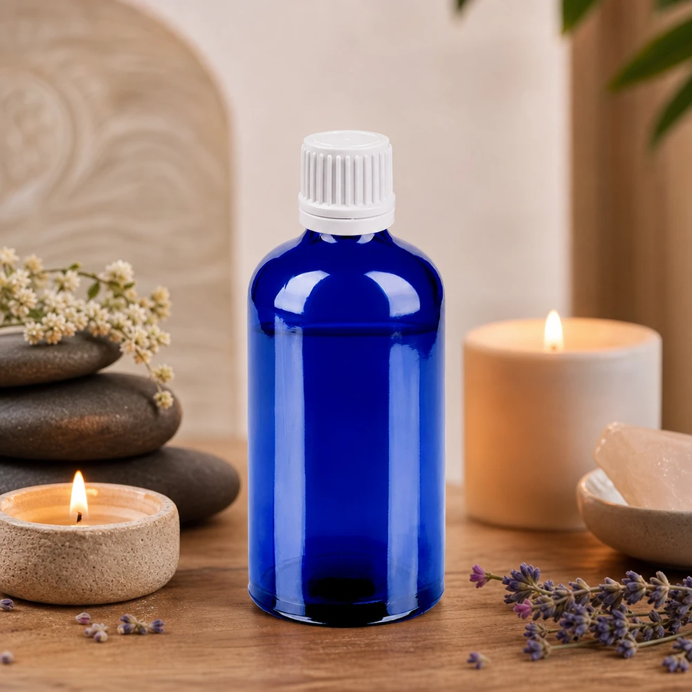 100ml Flasche 11mm Schraubverschluss weiß Originalitätsverschluss BlueLine UT18/100 Premium 100ml Glasflasche mit matter Oberfläche in Blau und weißem Präzisionsverschluss für Experten