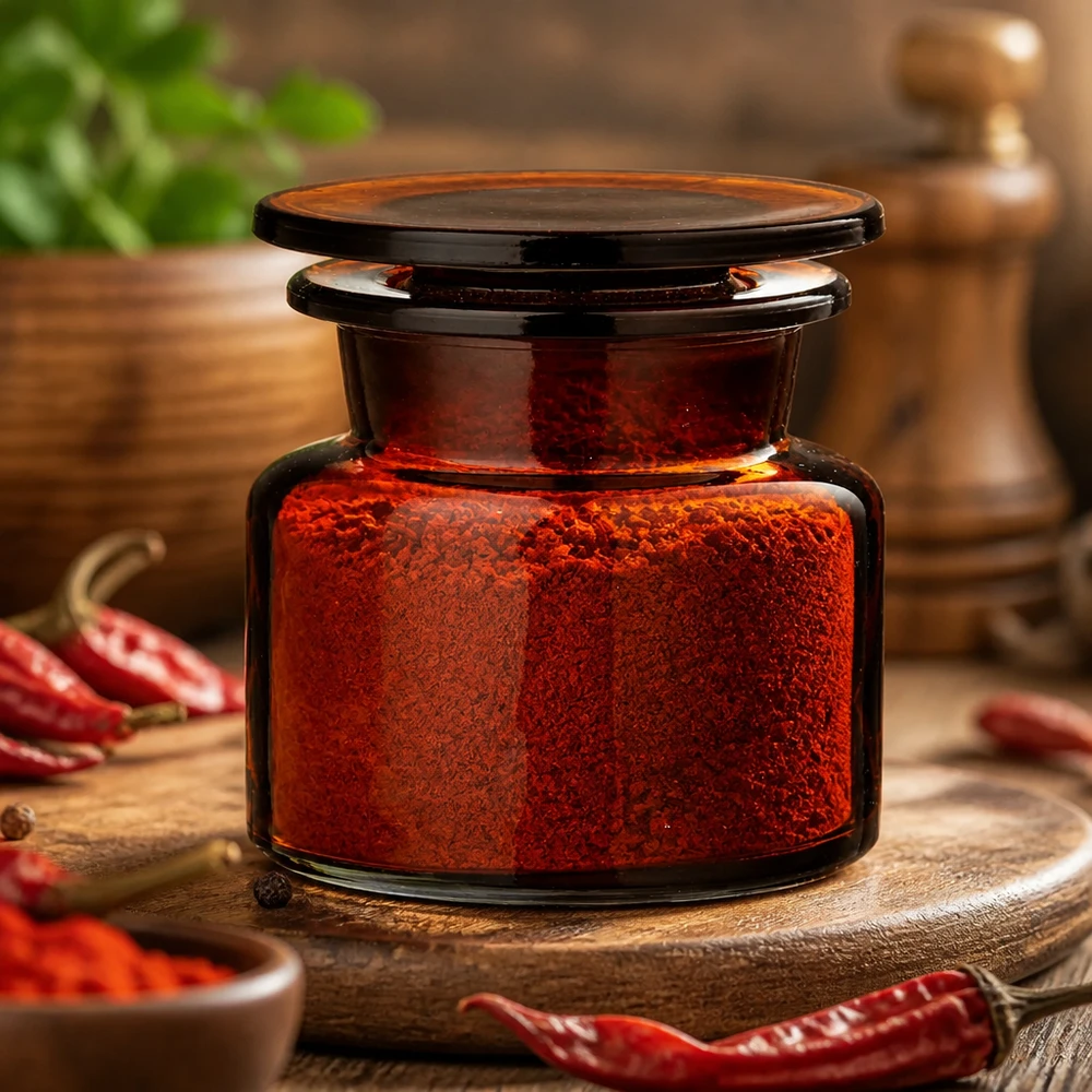 Idea barattolo per spezie: bottiglia da speziale 50 ml in vetro ambrato a collo largo Vaso in vetro ambrato da 50 ml a collo largo per spezie, accanto a peperoncini rossi freschi e secchi