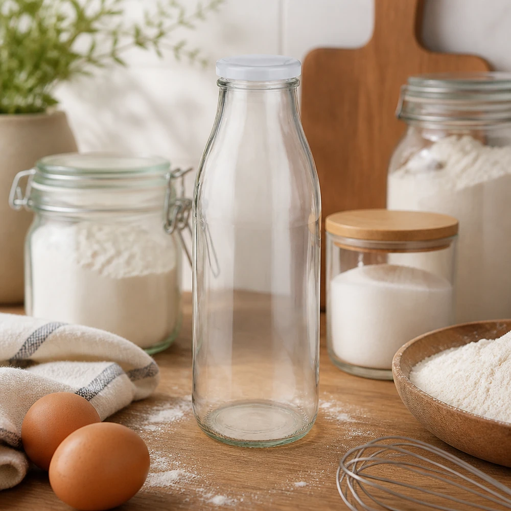 500ml Glasflasche + BasicSeal Deckel weiß UNiTWIST 500ml Glasflasche BasicSeal weiß in Küche mit Backzutaten Mehl Eiern und Küchengeräten Backen-Ambiente