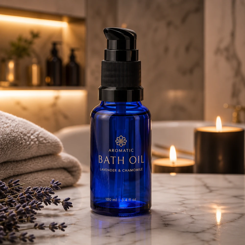 Apothekenflasche blau 10ml PumpVerschluss schwarz Standard Hochwertige blaue Apothekerglas Flasche 10ml mit schwarzer Pumpe auf Marmoroberfläche