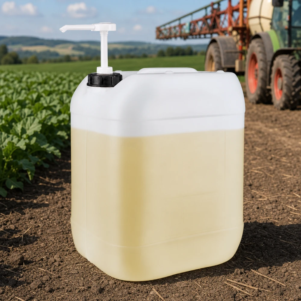 Kanister 20 Liter mit Dosierpumpe Großkanister 20 Liter mit Pumpspender im Außeneinsatz Landwirtschaft Sommer Feld Hintergrund