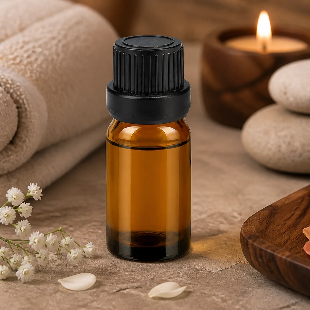 Piccolo flacone contagocce da 5 ml in vetro marrone con tappo nero per aromaterapia e benessere