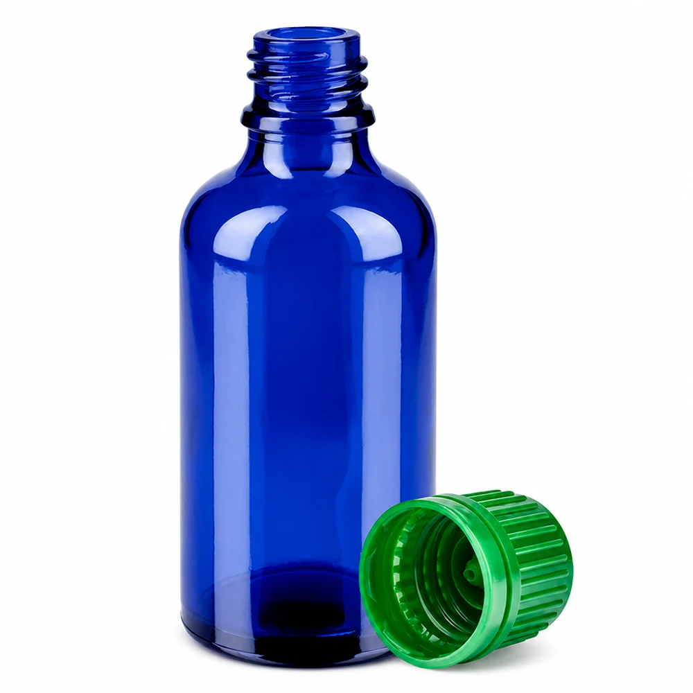 Flacone da farmacista da 50 ml in blu cobalto con chiusura verde antimanomissione per medicinali