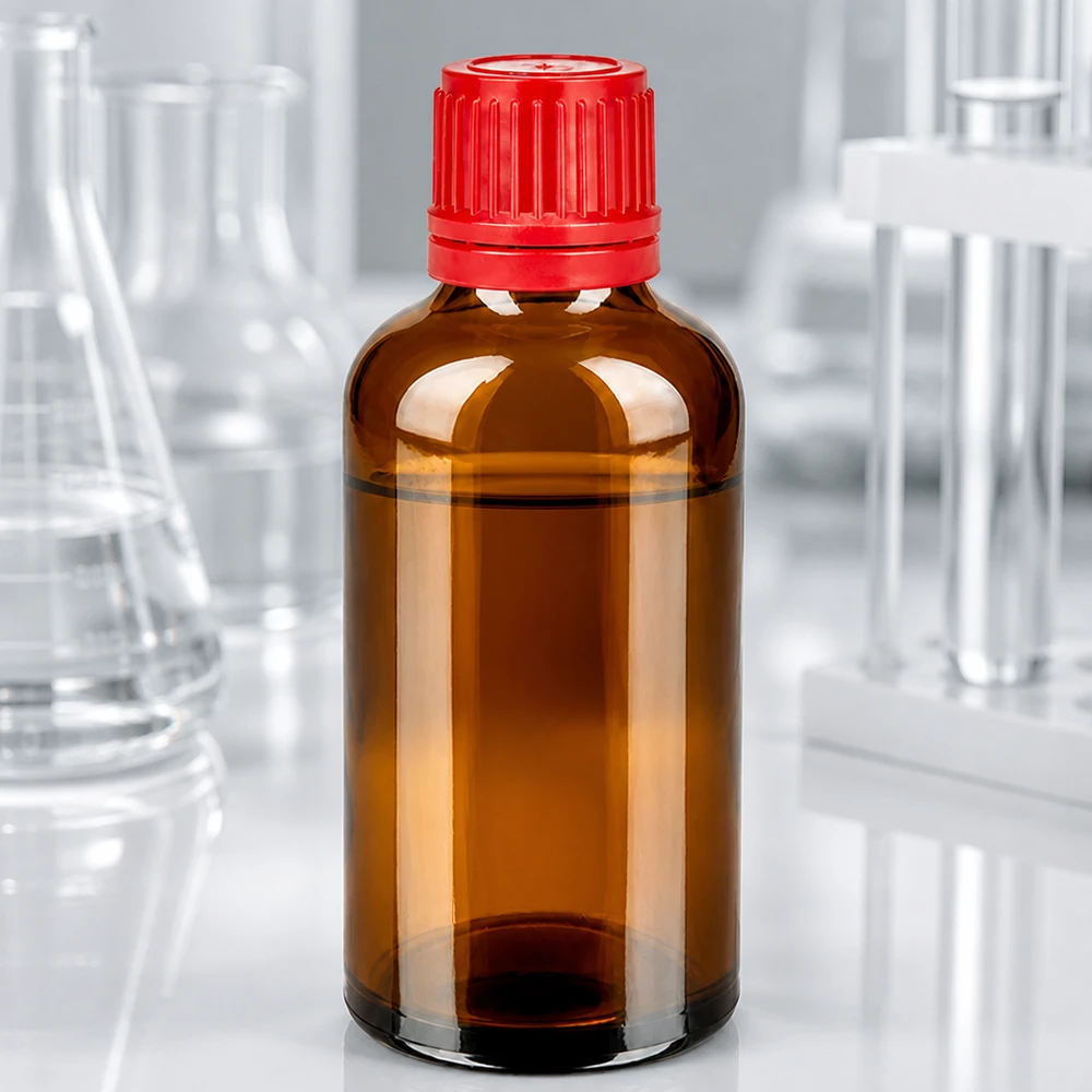Flacone in vetro da 50 ml serie BrownLine con tappo rosso antimanomissione per il controllo qualità