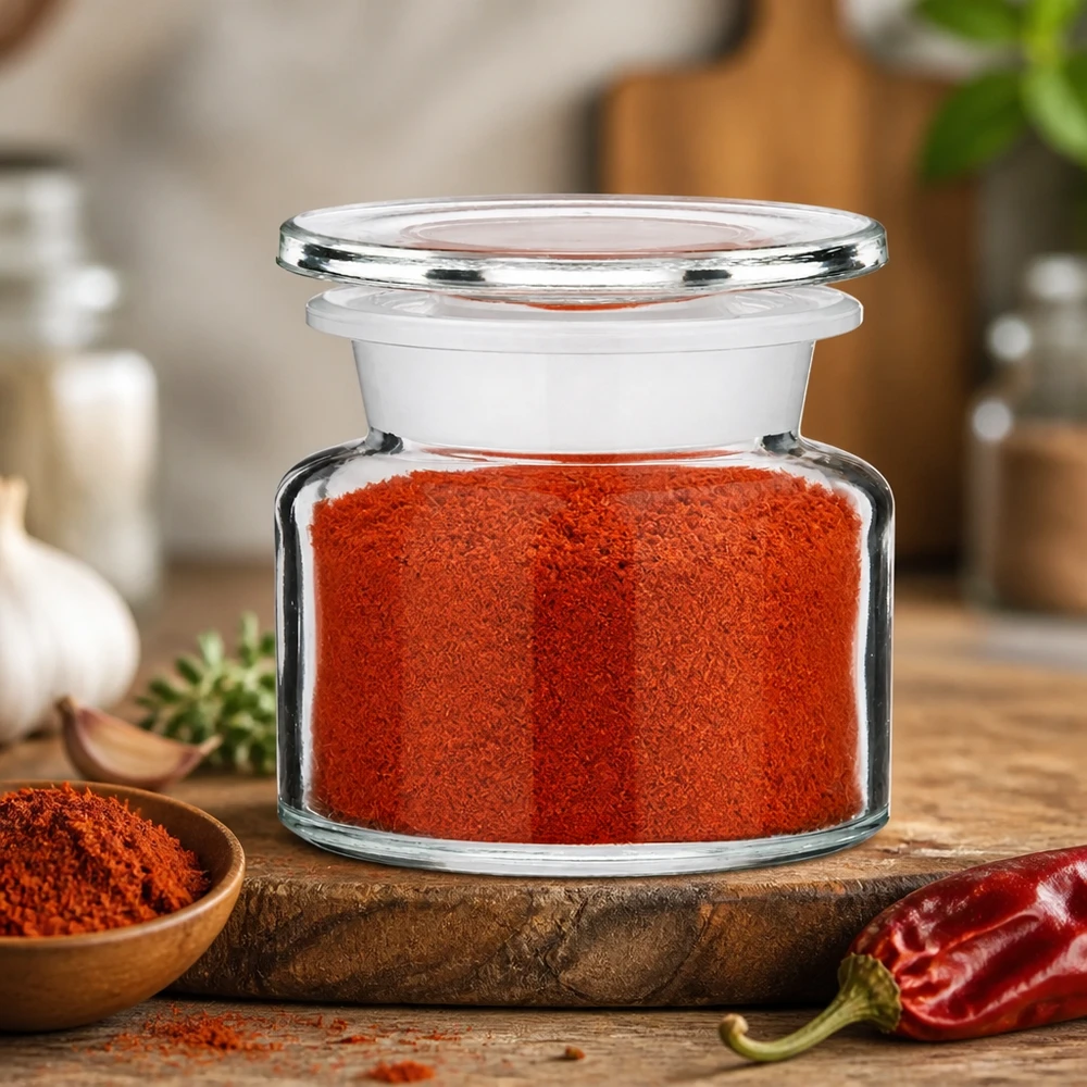 Fiaschetta da farmacia a collo largo in vetro trasparente con polvere di spezie rossa, un elegante elemento decorativo per la cucina