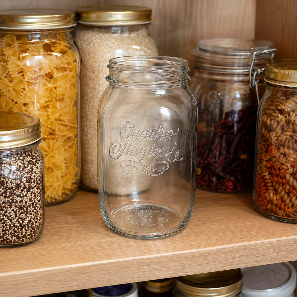 Barattolo da 1000 ml Quattro Stagioni vuoto davanti ai barattoli pieni di pasta e cereali nella credenza della cucina.