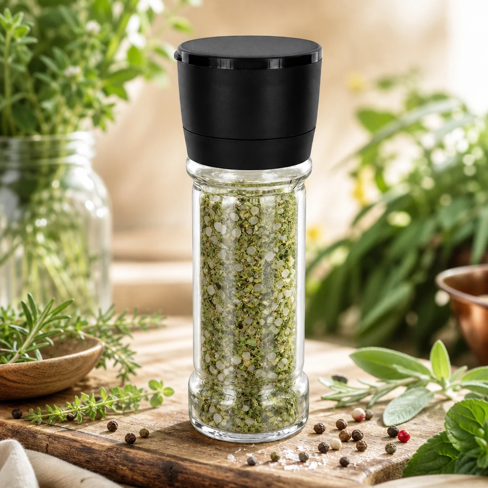 Pot à sel/épices 100 ml avec moulin Vario noir Befüllbare Kräutermühle 100ml aus Glas mit schwarzem Kunststoffaufsatz in mediterraner Umgebung