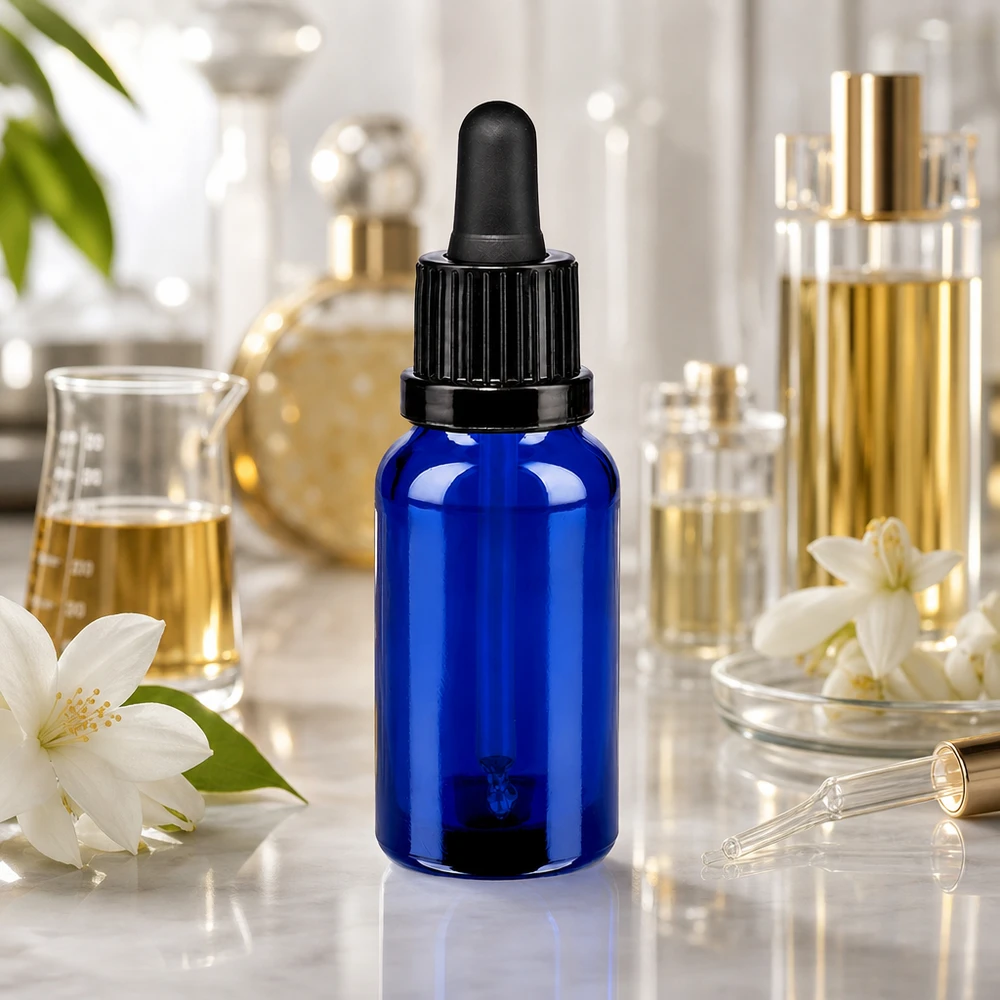 Bottiglia in vetro da 20 ml serie BlueLine - protezione UV attraverso il vetro blu con pipetta ergonomica nera
