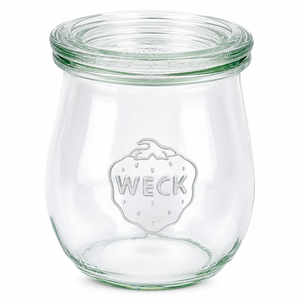 Vaso a tulipano da 220 ml con coperchio in vetro WECK RR60 WECK vaso a tulipano 220ml con coperchio in vetro RR60 vaso da conserva trasparente vuoto su sfondo bianco