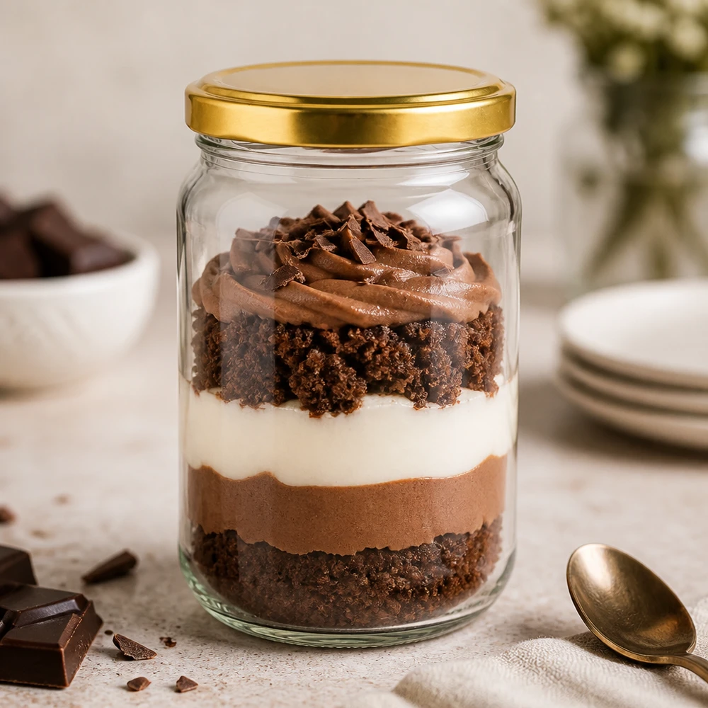 305ml Rundglas mit BasicSeal Deckel gold UNiTWIST 305ml Rundglas BasicSeal UNiTWIST gold gefüllt mit Schokoladendessert - Einmachglas für süße Nachspeisen und Trifle