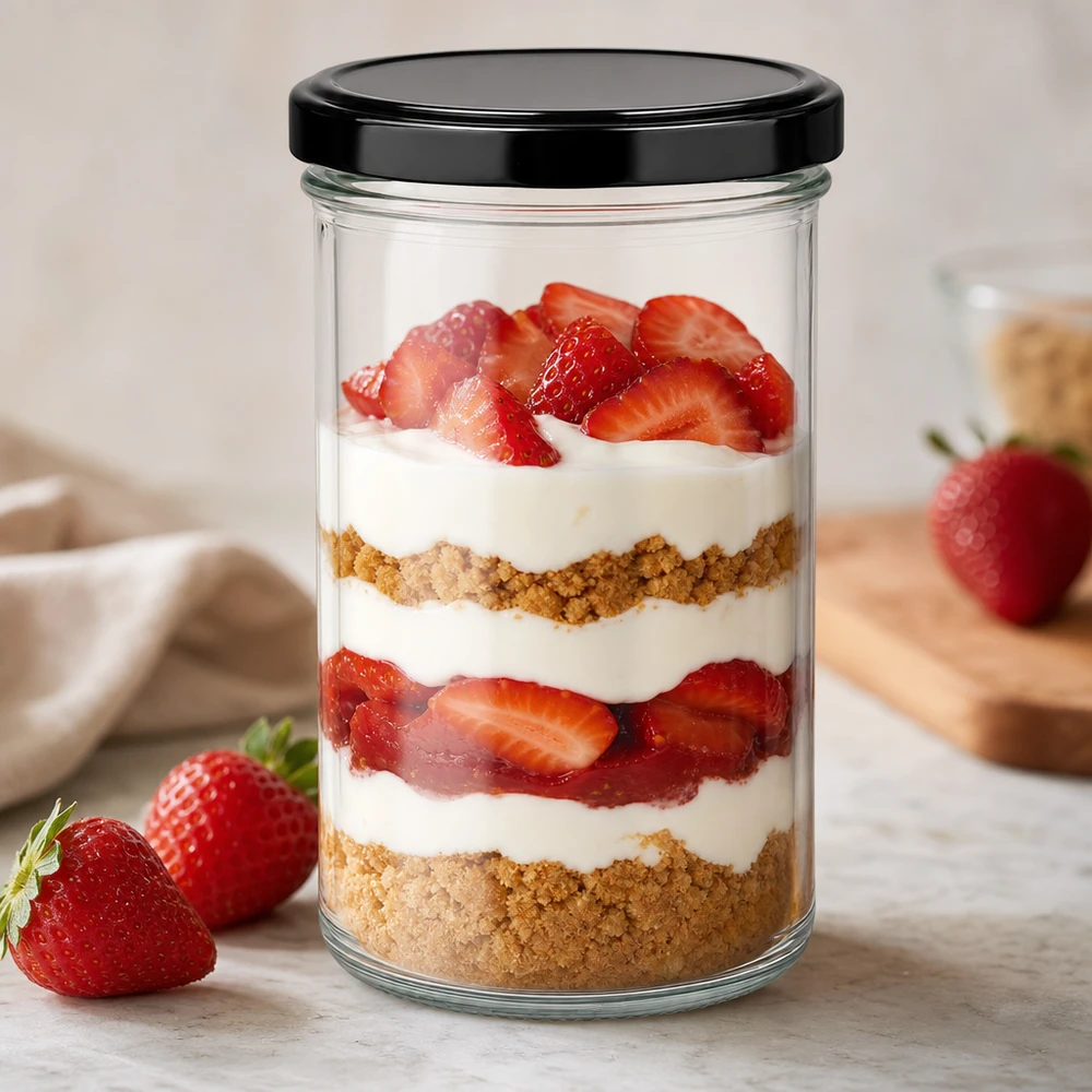 Bicchieri da 277 ml come vasetto da dessert per il tiramisù alle fragole con coperchio BasicSeal dessert nero a strati in vasetto