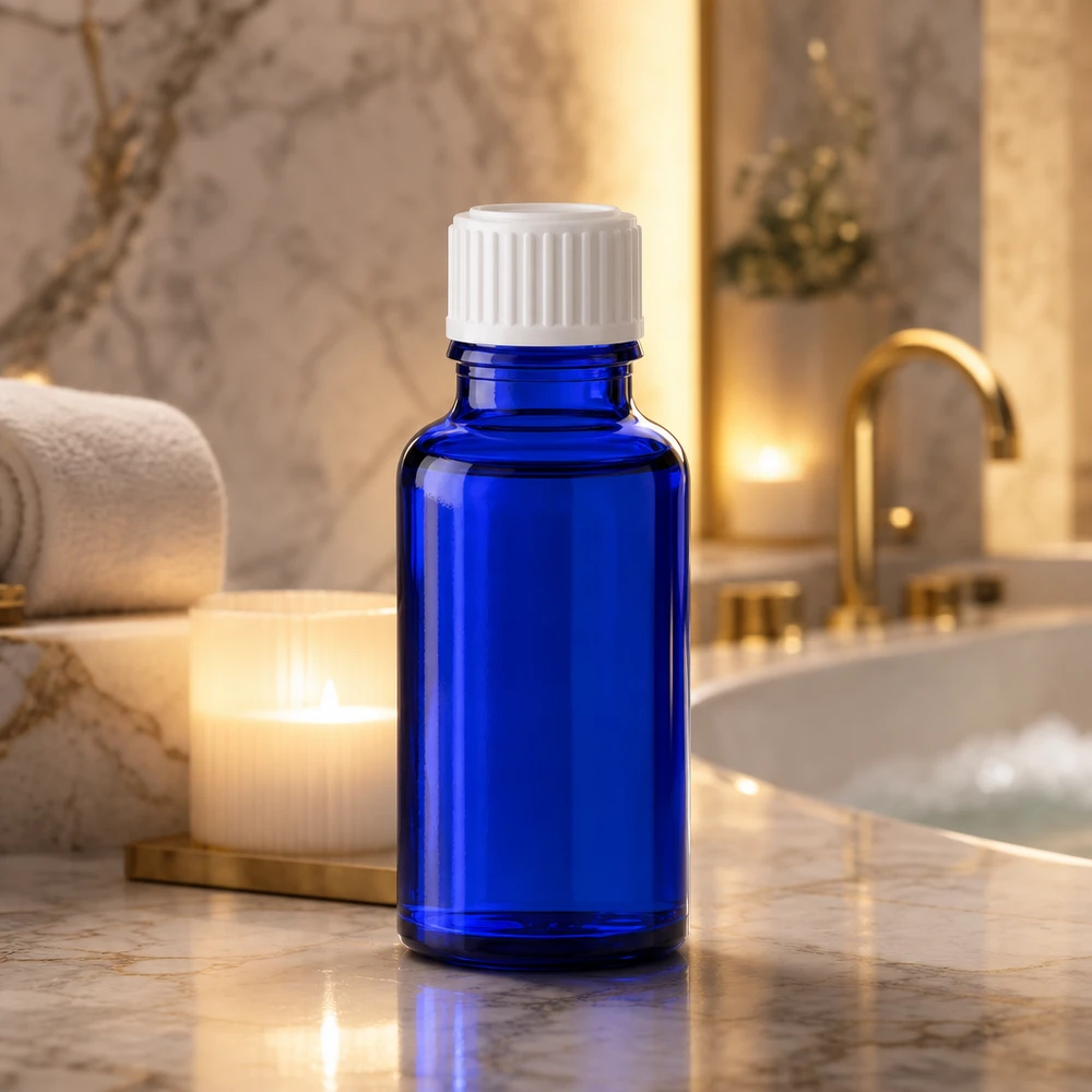 Apothekenflasche blau 20ml Schraubverschluss weiß Standard Kleine blaue Flasche 20ml aus UV-Schutzglas mit weißem Schraubdeckel Wellnessbereich