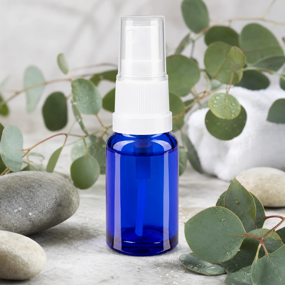 Apothekenflasche blau 10ml Sprayaufsatz weiß Blaue 10ml Miniatursprayflasche aus Schutzglas mit weißem Feinnebel-Zerstäuber für Hydrolate
