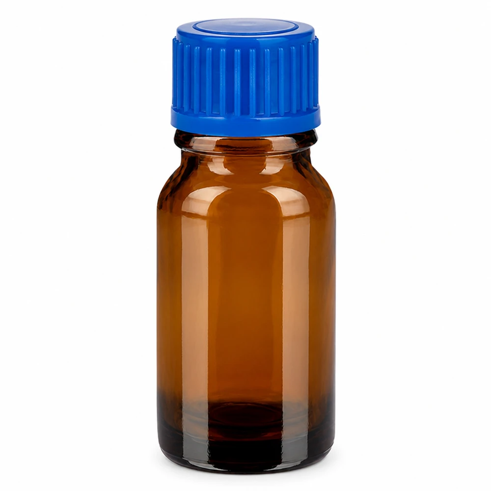 Flacone farmaceutico in vetro ambrato da 10 ml con tappo blu a chiusura ermetica per principi attivi