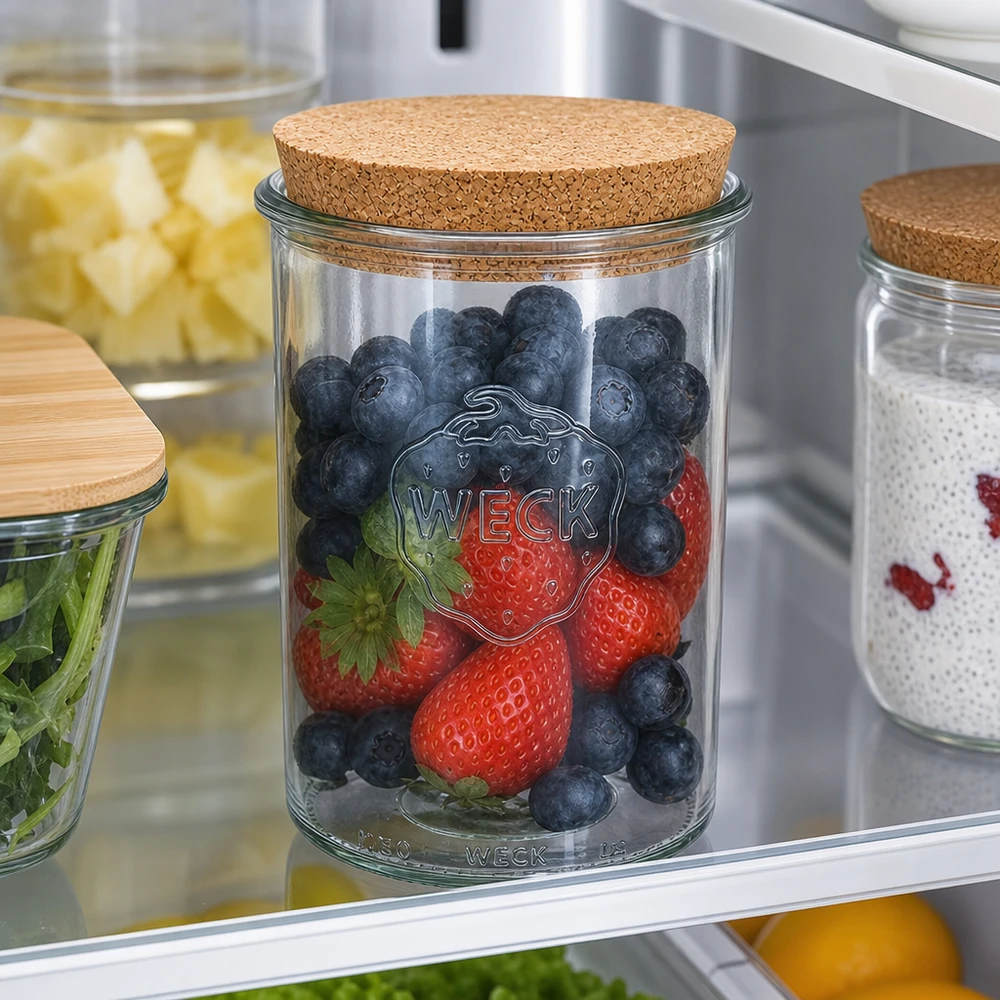 1000ml Sturzglas WECK RR100 mit Korken natur WECK Sturzglas 1000ml RR100 mit Korkdeckel im Kühlschrank gefüllt mit frischen Beeren stylische Aufbewahrung Vorratsglas