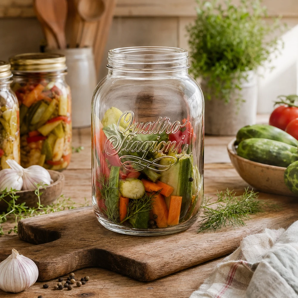 Vaso da 3000ml per uso domestico "Quattro Stagioni Barattolo da 3000 ml per conserve Quattro Stagioni con verdure sott'aceto su una tavola di legno in una cucina rustica