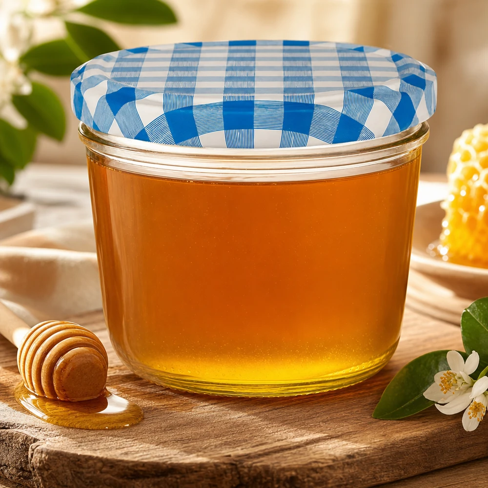 Vasetto da conserva da 230 ml con coperchio blu e bianco pieno di miele accanto a cucchiaio da miele e fiori su tavolo di legno