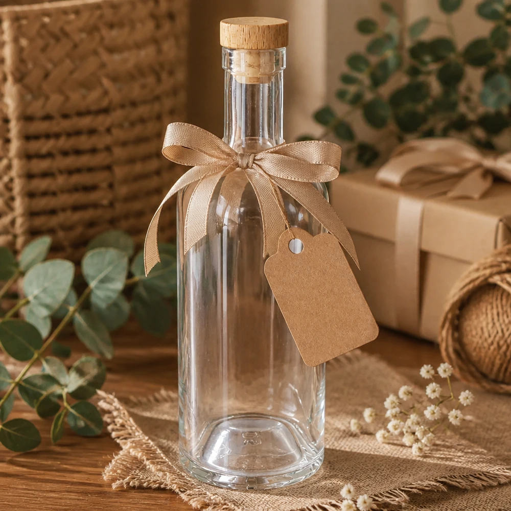 Bottiglia in vetro da 750 ml Emma con tappo in sughero con impugnatura in legno UNiTWIST® Bottiglia in vetro Emma da 750 ml in confezione regalo con fiocco ed etichetta beige in un contesto decorativo naturale