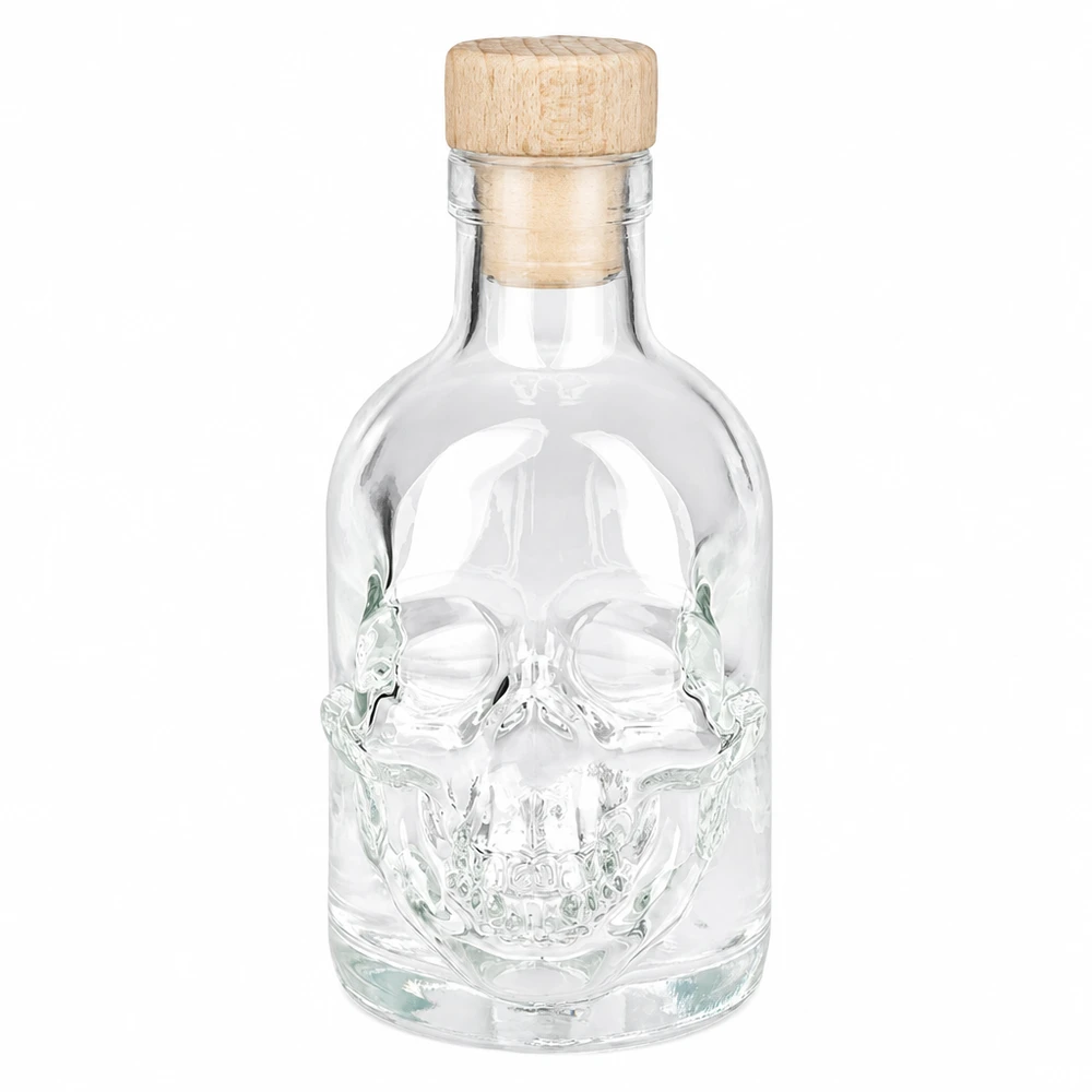 Bottiglia di vetro Jack da 200 ml con disegno di teschio e tappo in legno, bottiglia per liquori vuota con tappo a vite