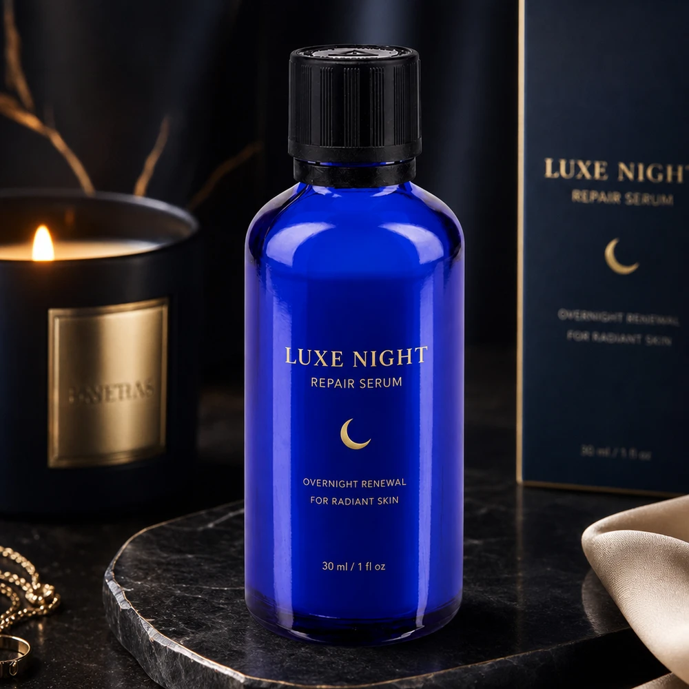 Flacon en verre bleu de 50 ml avec bouchon à vis noir, sur fond luxueux et sombre avec une bougie et un coffret cadeau