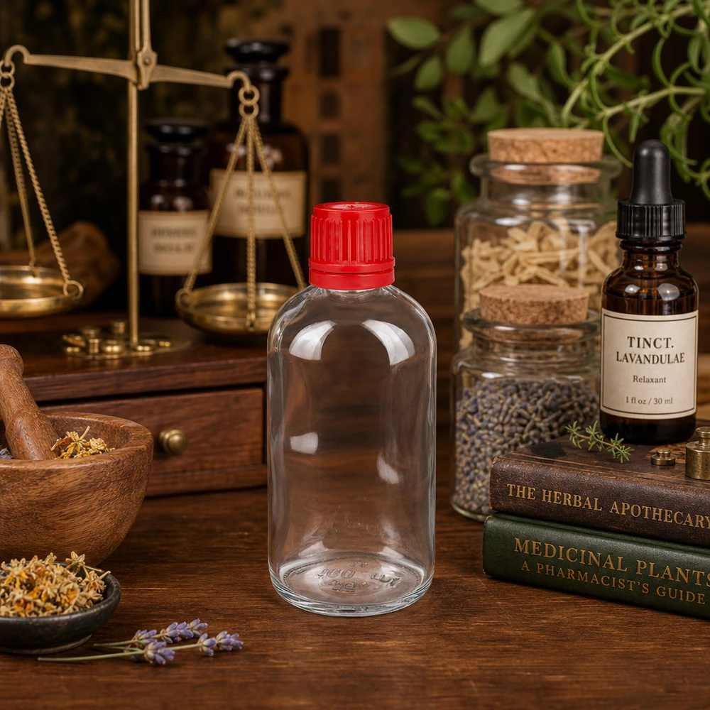 Flacone da farmacia ClearLine vuoto da 100 ml con tappo a vite rosso, in un ambiente da erboristeria