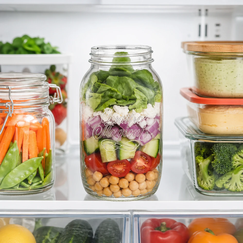 Bicchiere da 1500ml per uso domestico "Quattro Stagioni Barattolo casalingo Quattro Stagioni da 1500 ml riempito di insalata a strati in frigorifero accanto ad altri barattoli con verdure