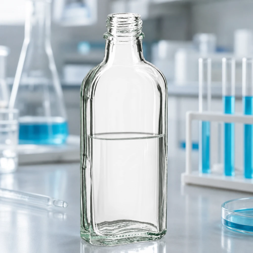 Bottiglia da 100 ml trasparente DIN22 Flacone Meplat da 100 ml trasparente, riempito, con filettatura DIN 22, su un piano da laboratorio bianco