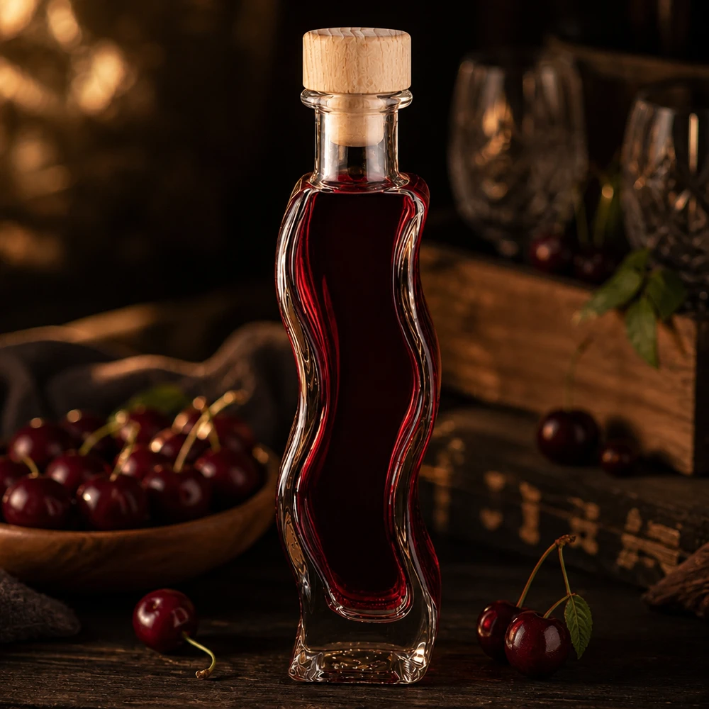 Bottiglia di vetro da 100 ml di Melissa riempita con liquore di ciliegie rosse tappo di legno ciliegie fresche cucina accogliente atmosferica