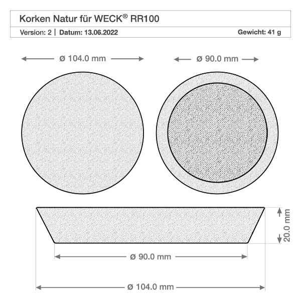 Vaso per tulipani da 1062 ml WECK RR100 con sughero naturale Disegno tecnico WECK sughero naturale per vaso RR100 con dimensioni di diametro 104mm e 90mm altezza 20mm