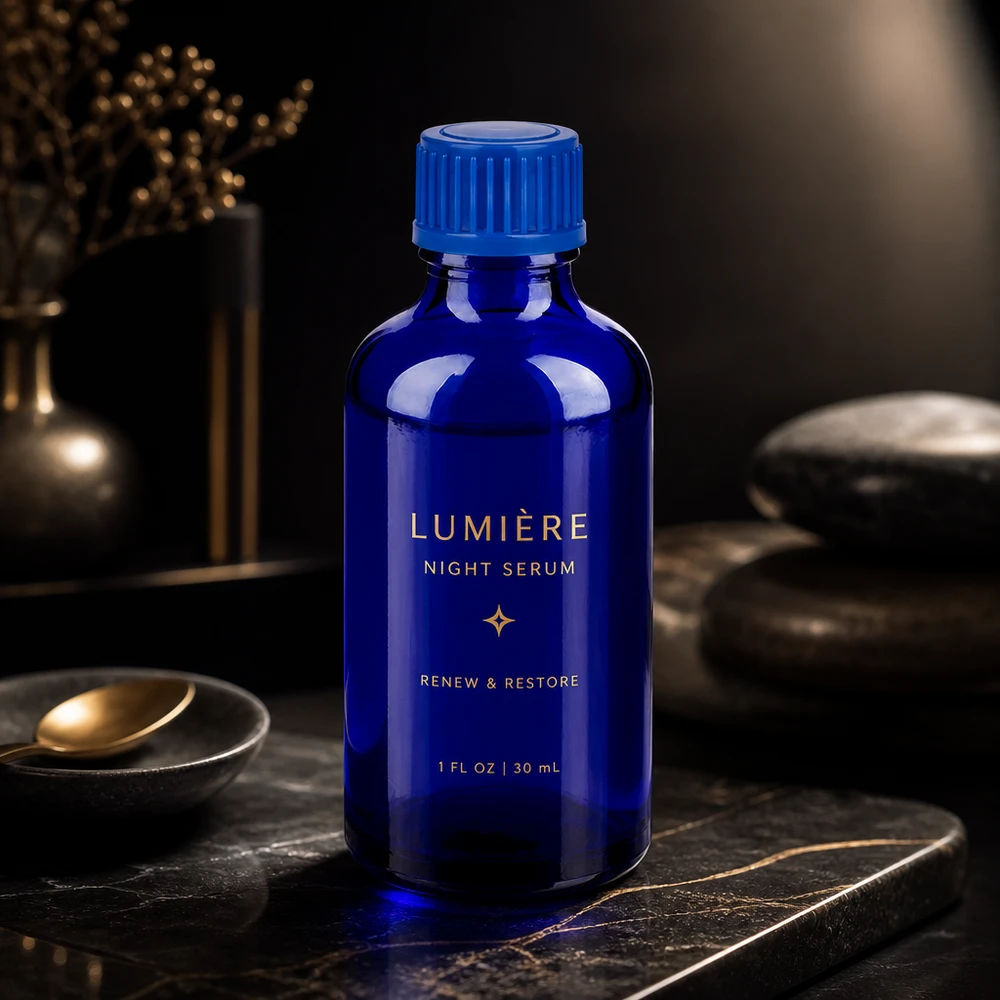 Flacone in vetro da 50 ml della serie BlueLine con beccuccio antigoccia, perfetto per applicazioni dosate