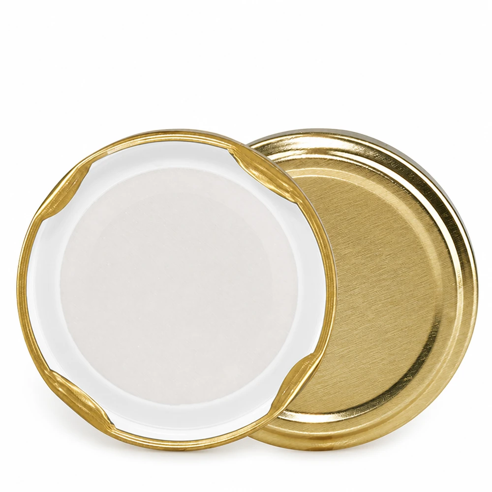UNiTWIST TO43 gold, BioSeal, BPA-NI, unitemp Zwei goldene TO43 Twist-Off-Deckel Vorder- und Rückseite UNiTWIST BioSeal unitemp