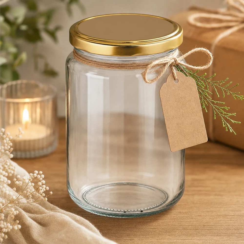 Barattolo rotondo da 382 ml con coperchio BasicSeal oro UNiTWIST Vaso rotondo da 382 ml con coperchio UNiTWIST dorato, decorato con etichetta regalo e cordoncino di iuta.